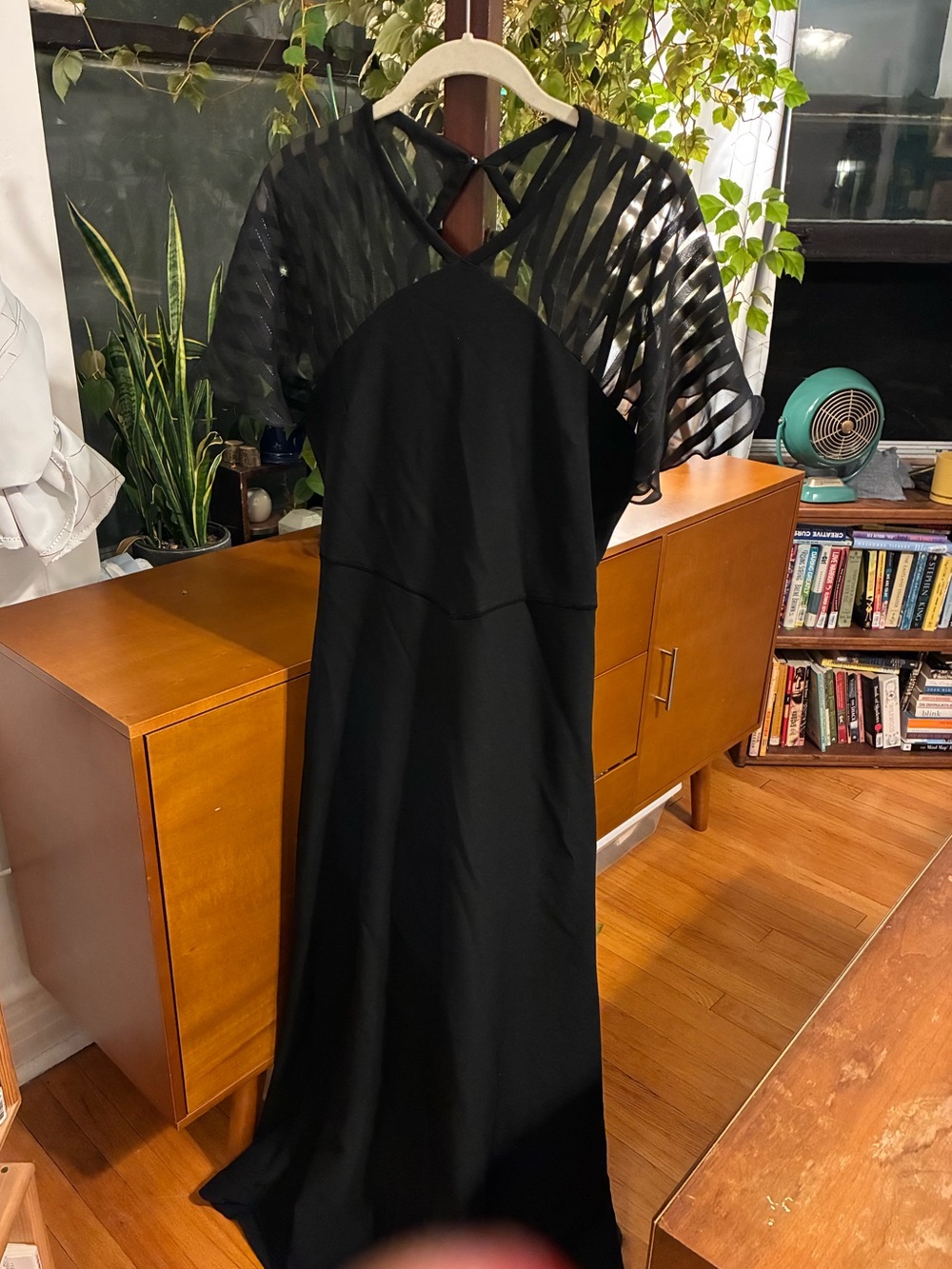 Tuckernuck Annelise Crepe Black Maxi Dress with Sheer Striped flutter sleeves